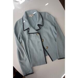 Vintage St. John Blue Knit Jacket with Contrast Trim & Gold Buttons – Size 8